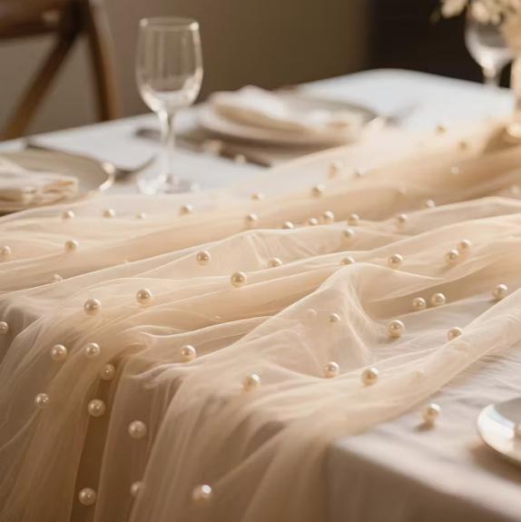 Pearl Chiffon Table Runner 3m Semi Transparent Gauze Mesh Table Cloth Fabric for Wedding Bridal Shower Party Dining Decoration