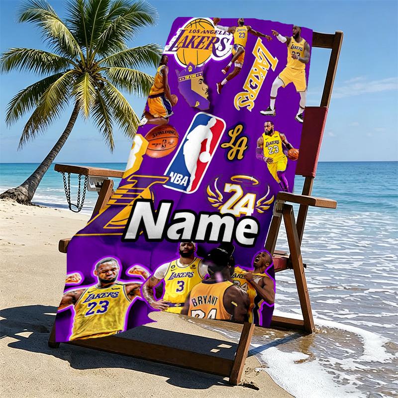 Custom Name Personalized NBA Print Beach Towel, for Trip Camping Beach Party Home Decor, Birthday Gift for Family & Friends