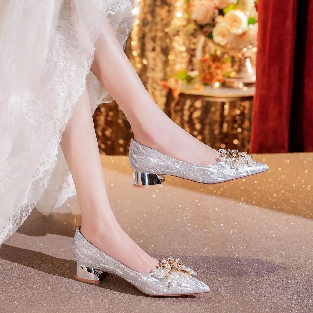 Autumn Fashion Ladies Banquet Wedding Shoes Shallow Sequins Rhinestone Flowers Comfortable Low Heel Single Shoes for Women