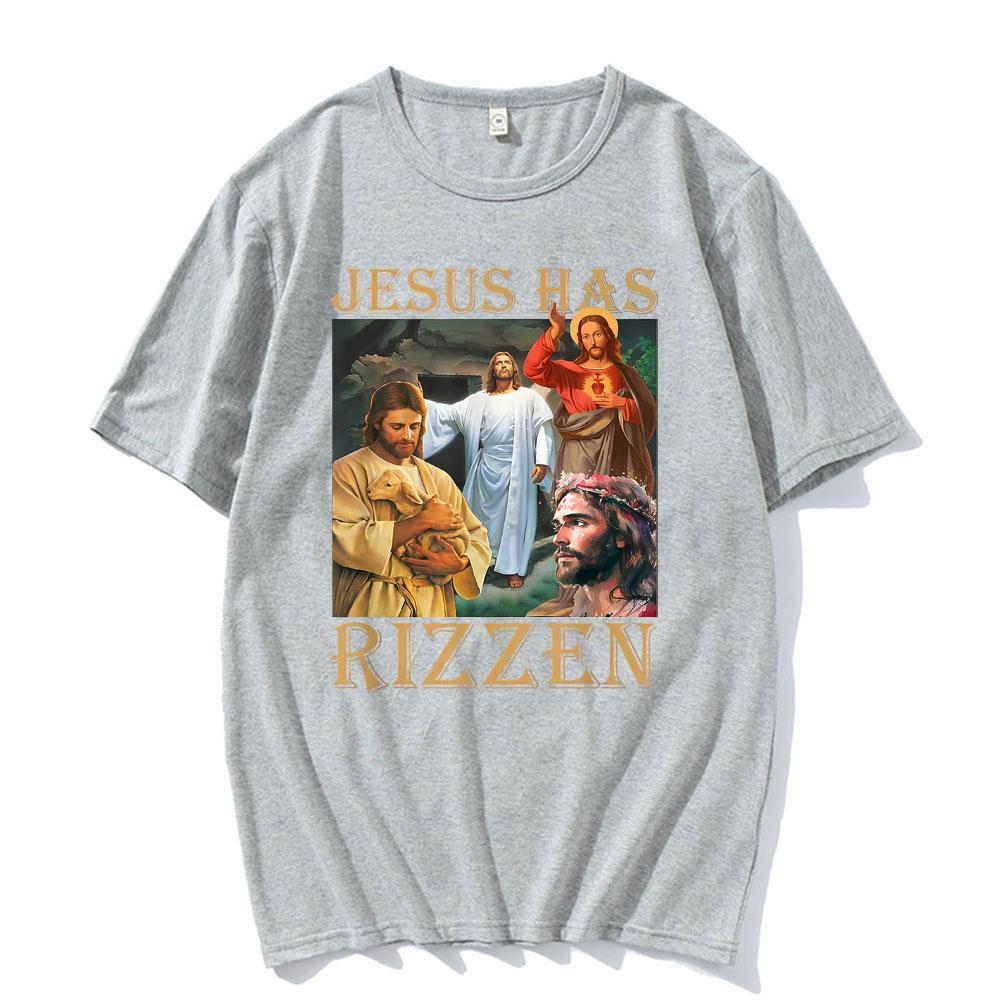 Jesus Has Rizzen Jesus Funny T Shirts Mens Clothing Summer Short Sleeve Pop Vintage Trend Cool Tshirt Cotton Oversized T Shirt