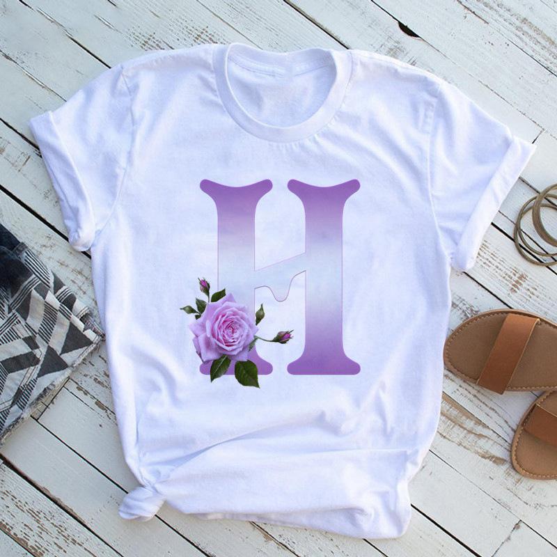 New English Name Rose Monogram Printed Tshirt Flower Short Sleeve Top Tshirt Women Clothing Graphic T Shirts Tops Aesthetic