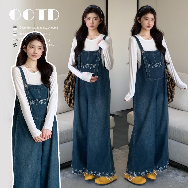

Korean Retro Lace Embroidery Denim Overalls with White T-Shirt Set 2XL