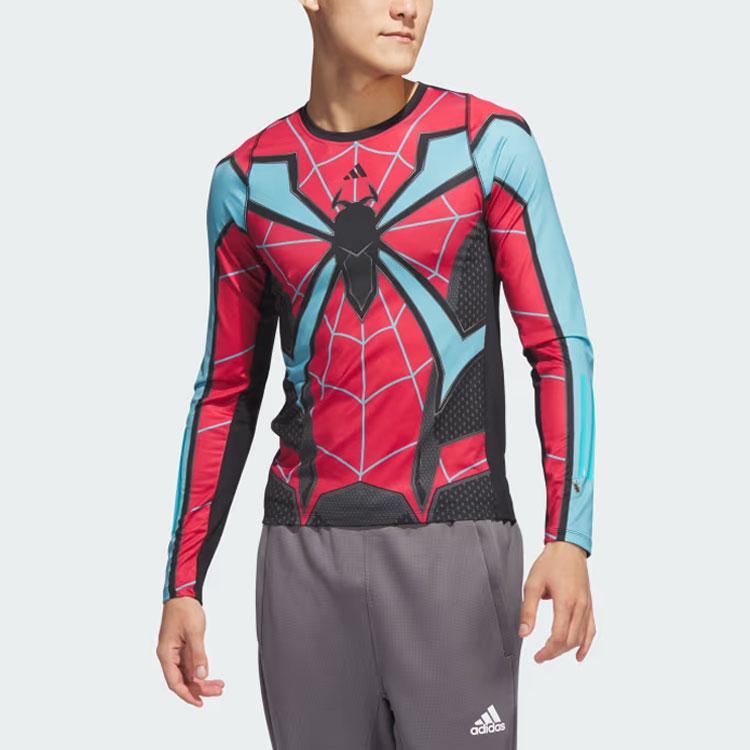 Adidas Geometric Pattern Compression Spider-Man Print Color Block Round Neck Long Sleeve T-Shirt Men Tops Black Red IP4533