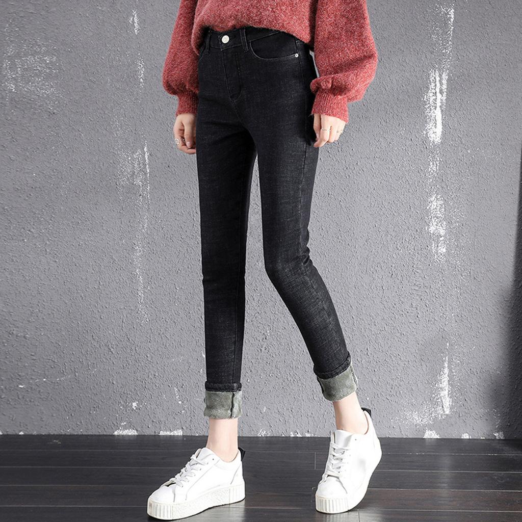 Fashion Women Plus Size Plus Velvet Elastic High Waist Casual Jeans Pencil Pants