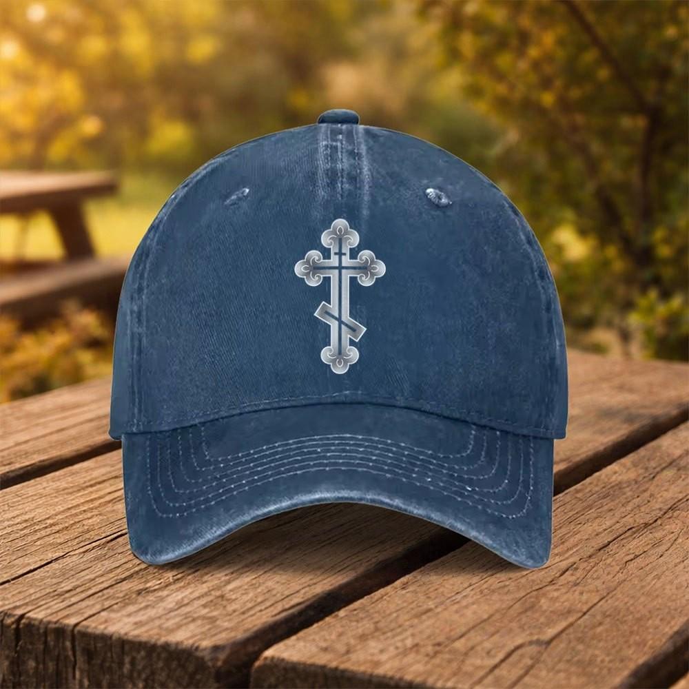 Orthodox Cross Print Washed Baseball Cap Adjustable Unisex Denim Outdoor Sports Hat