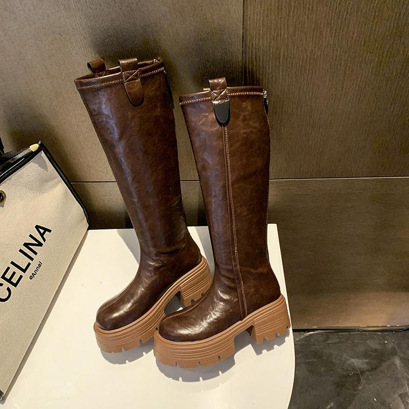 

Женские высокие сапоги 2025 новые сапоги рыцарские сапоги толстая подошва высокие 42 коричневый