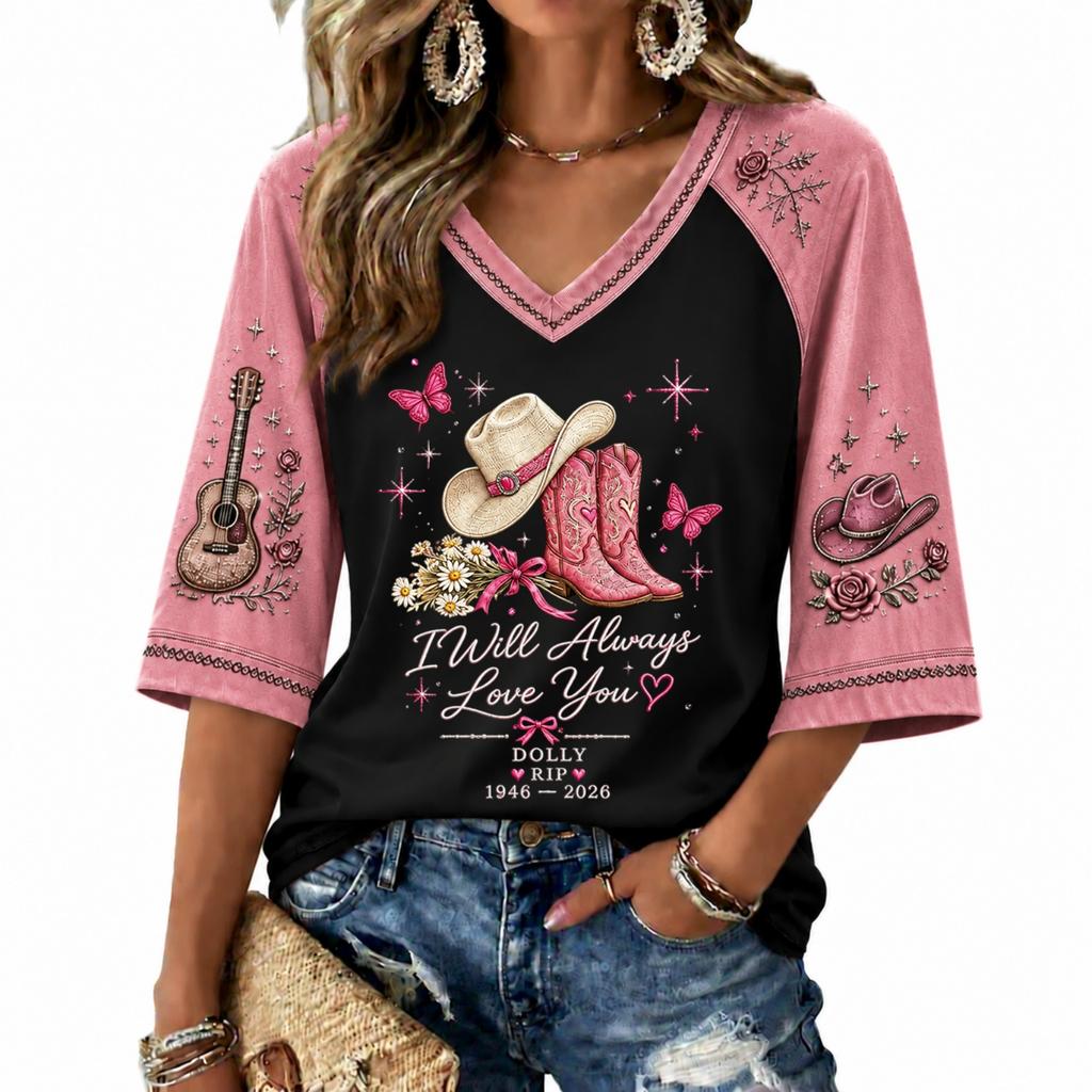Women's V-Neck Raglan Sleeve Printed Lightweight Top for Spring and Summer