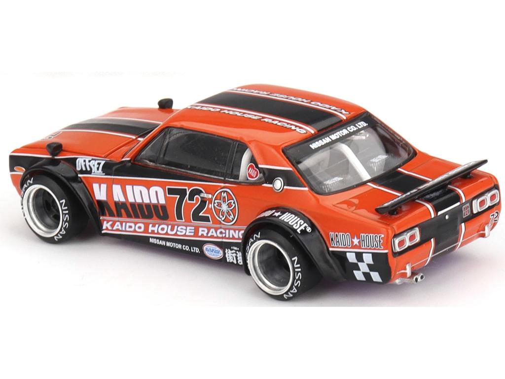 MINI GT Skyline RHD Racing V1 Orange mit Schwarzen Streifen und Grafiken Jun Kaido House Spezial Maßstab Druckguss Modellauto KHMG195 2000GT-R (KPGC10)