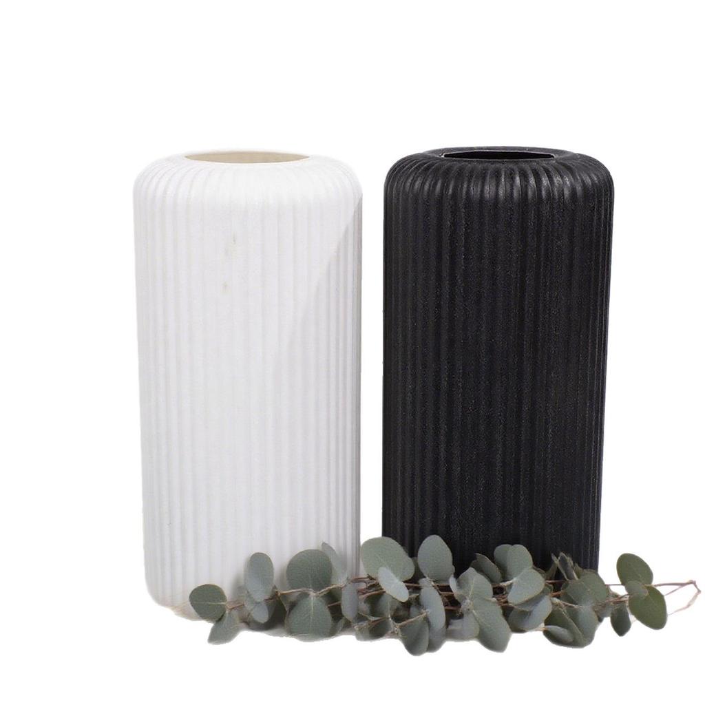 Japanese White Faux Ceramic Striped Vase - Retro Tabletop Ornament for Living Room, Hydroponic Decor
