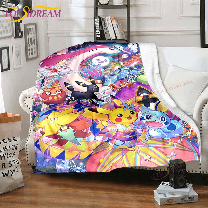 Cartoon Pokemon Printed Pikachu Fleece Plush Blanket Soft Warm Blanket for Adults and Children Bedroom Sofa Gift  Picnic Blanket