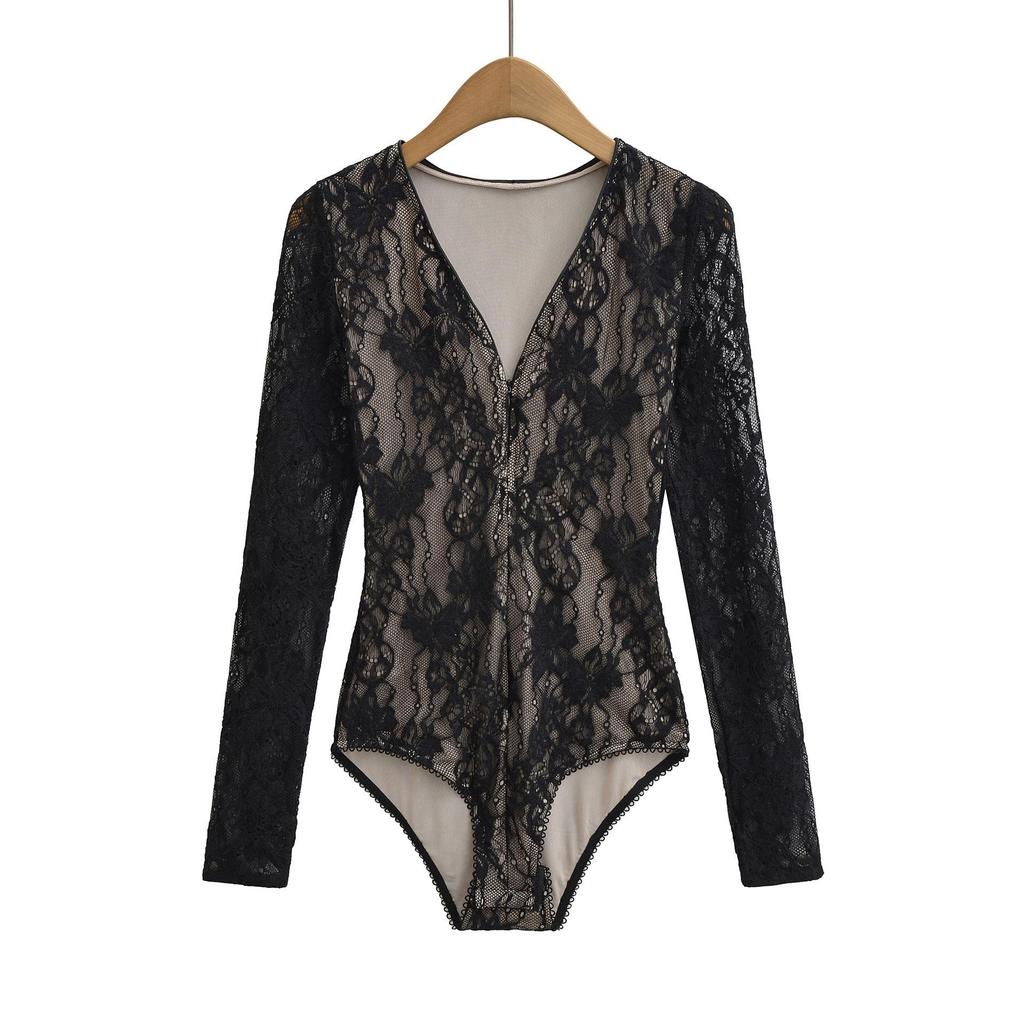 Elegantní krajkový body 2026 se zipem a výstřihem do V - Stylový, zeštíhlující top s dlouhým rukávem