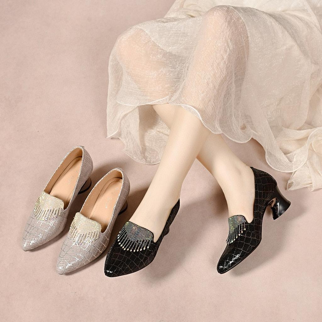 Pointed High Heels Women's 2025 Thick Heel Deep Mouth Fringed Hot Diamond Single Shoes Light Luxury Banquet Shoes Designer Fashion Shoes