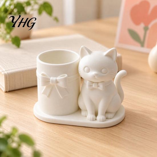Minimalist Brush Holder 3D Print Cat Pen Holder, Matte PLA Pencil And Makeup Office Desk Organizer Storage Container, Stable Wide Base Bow Design Art