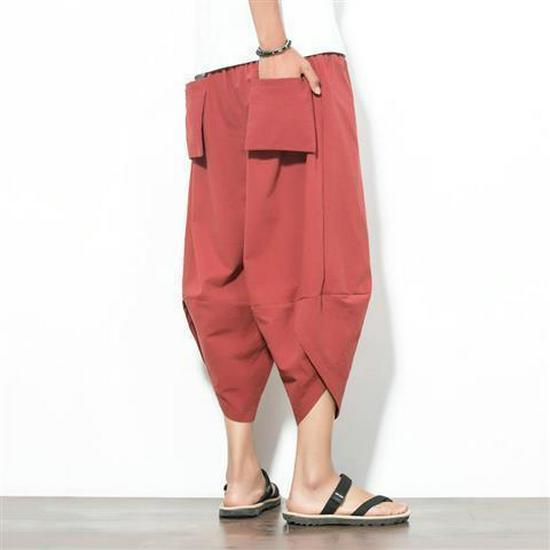 

Men s Loose Linen Beach Harem Pants - Wide-Leg, Seven-Point Style, Casual Chinese Design 4XL вино красного