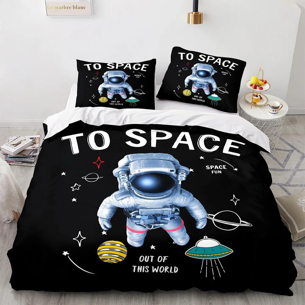 3D Astronaut King Queen Duvet Cover Cartoon Galaxy Universe Bedding Set for Boys Girls Outer Space Soft 2/3pcs Quilt Cover