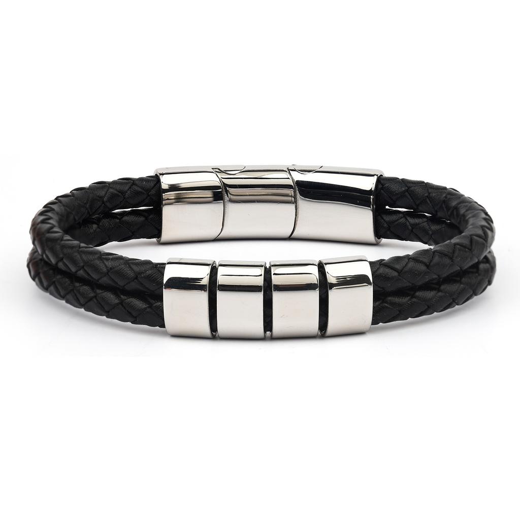 Men's Leather Bracelet Magnetic Tail Buckle Stainless Steel Positioning Ring Engraved Father's Day Gift Double Leather Bracelet