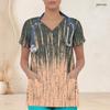 Women Plus Size Grey Beige Abstract Printed Scrub Top V Neck Short Sleeve Front Pockets