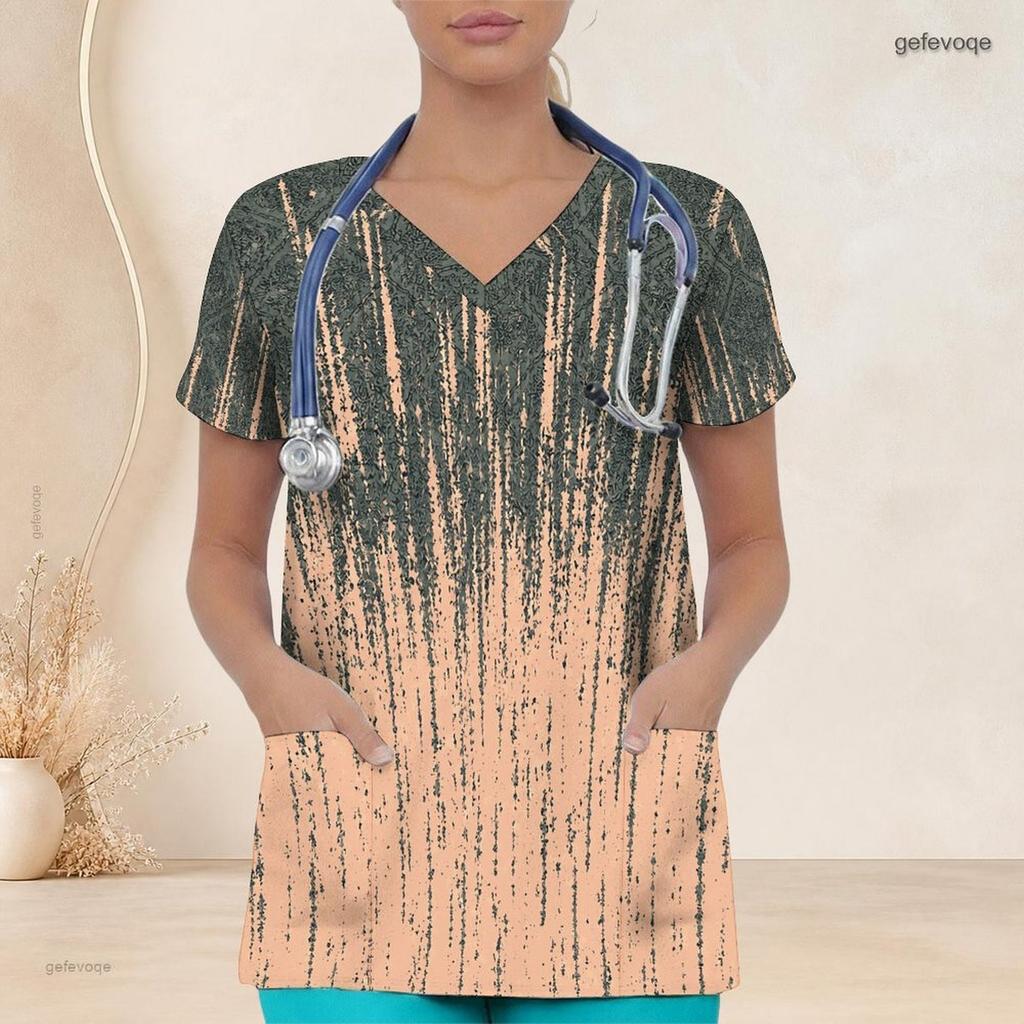 Women Plus Size Grey Beige Abstract Printed Scrub Top V Neck Short Sleeve Front Pockets