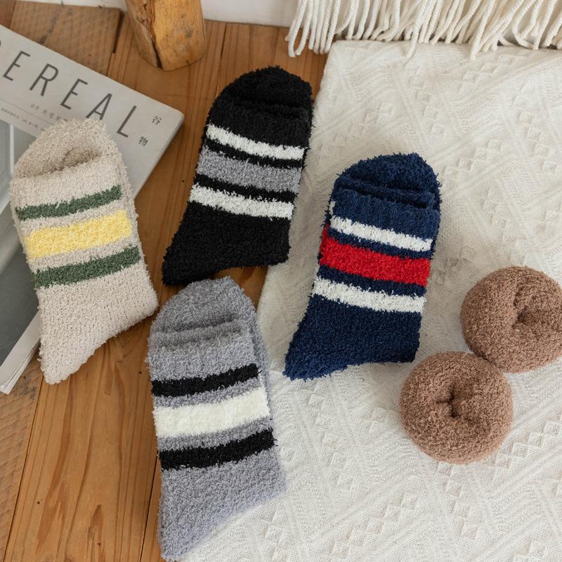 5/10 Pairs Striped Coral Fleece Socks for Men Winter Thickened Warm Mid Calf Socks Home Floor Socks Comfortable