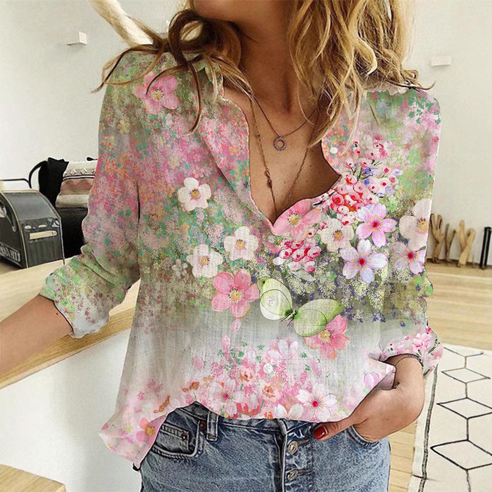 

2025 Women s Gradient Color Print Blouse: Loose Long Sleeve Cardigan Shirt 4XL