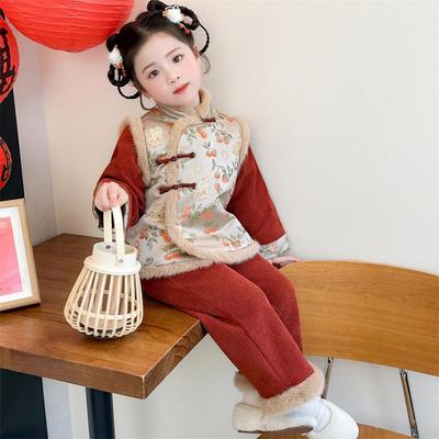 Meng Tang Tang Fleece-Lined Winter Hanfu Set for Baby Girls - Thickened Tang Suit for New Year's Greetings, Warm National Style Clothing