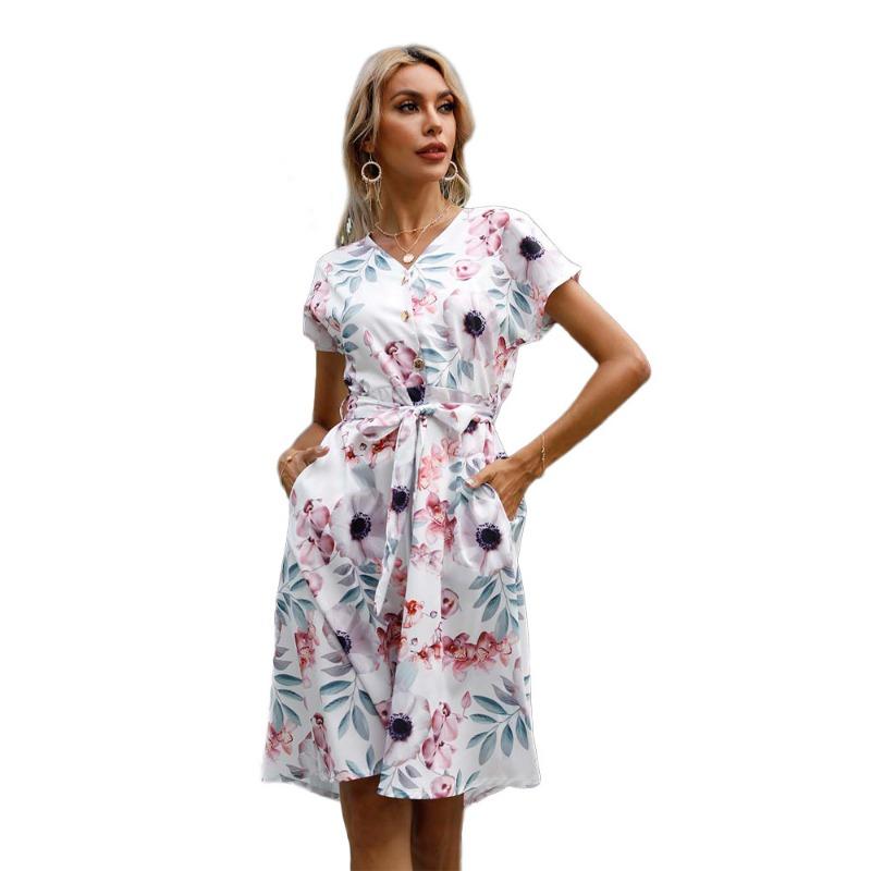 Robe d'été pour femme à imprimé et manches courtes lacées