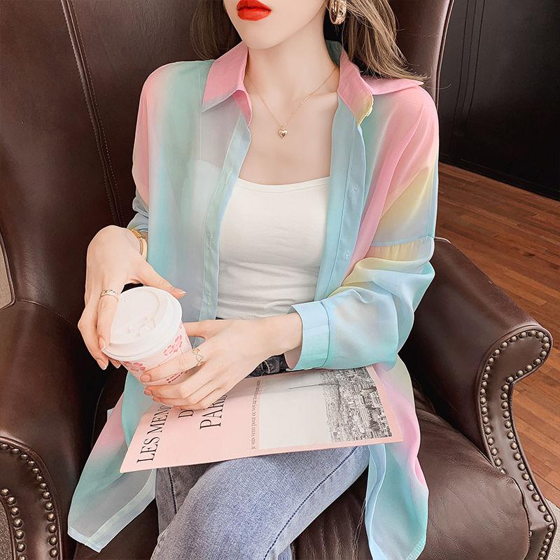 Polo-Neck Rainbow Casual Thin Women's Clothing Chiffon Tie Dye Single Breasted Open Stitch Spring Summer Women's Clothing Youth