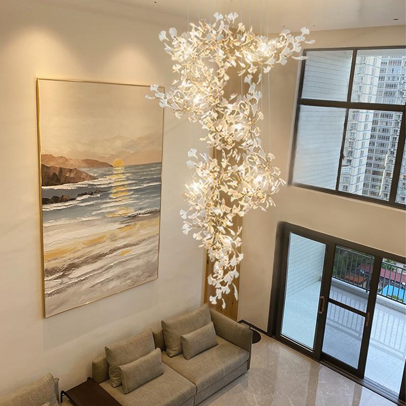 Modern Luxury Ceramic Chandelier Lighting for Living Room Dining Ginkgo Branch Leaves LED Pendant Lamp Art Villa Study Bedroom