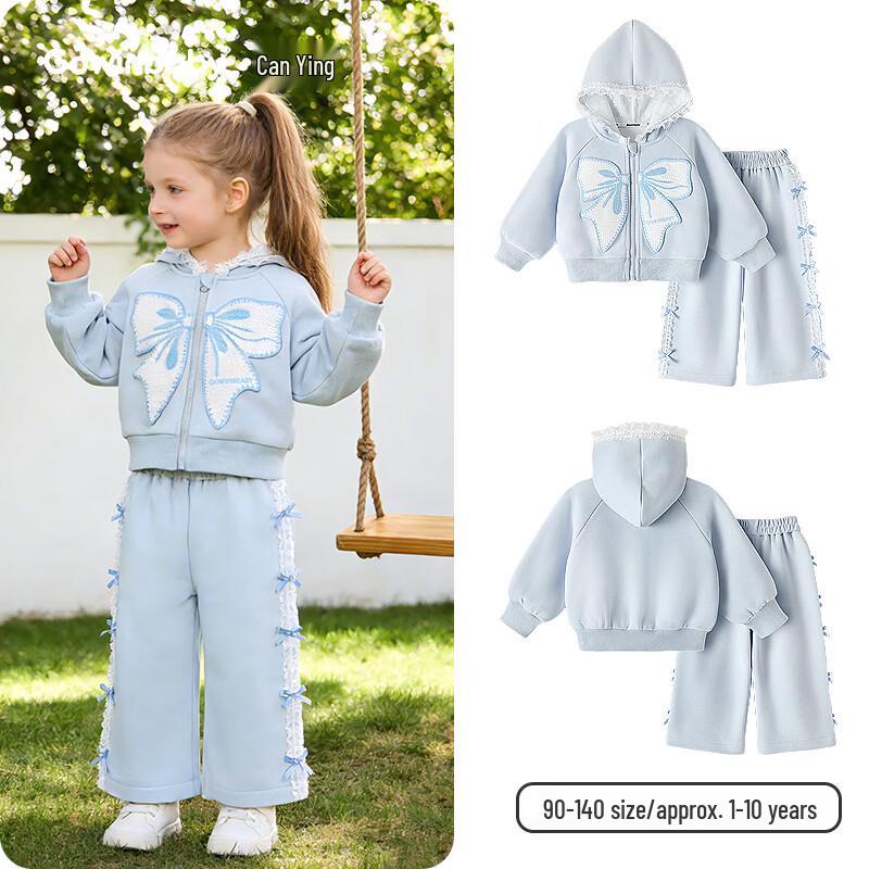 Girls' Hooded Sweatshirt & Pants Set with Bowknot & Lace Trim