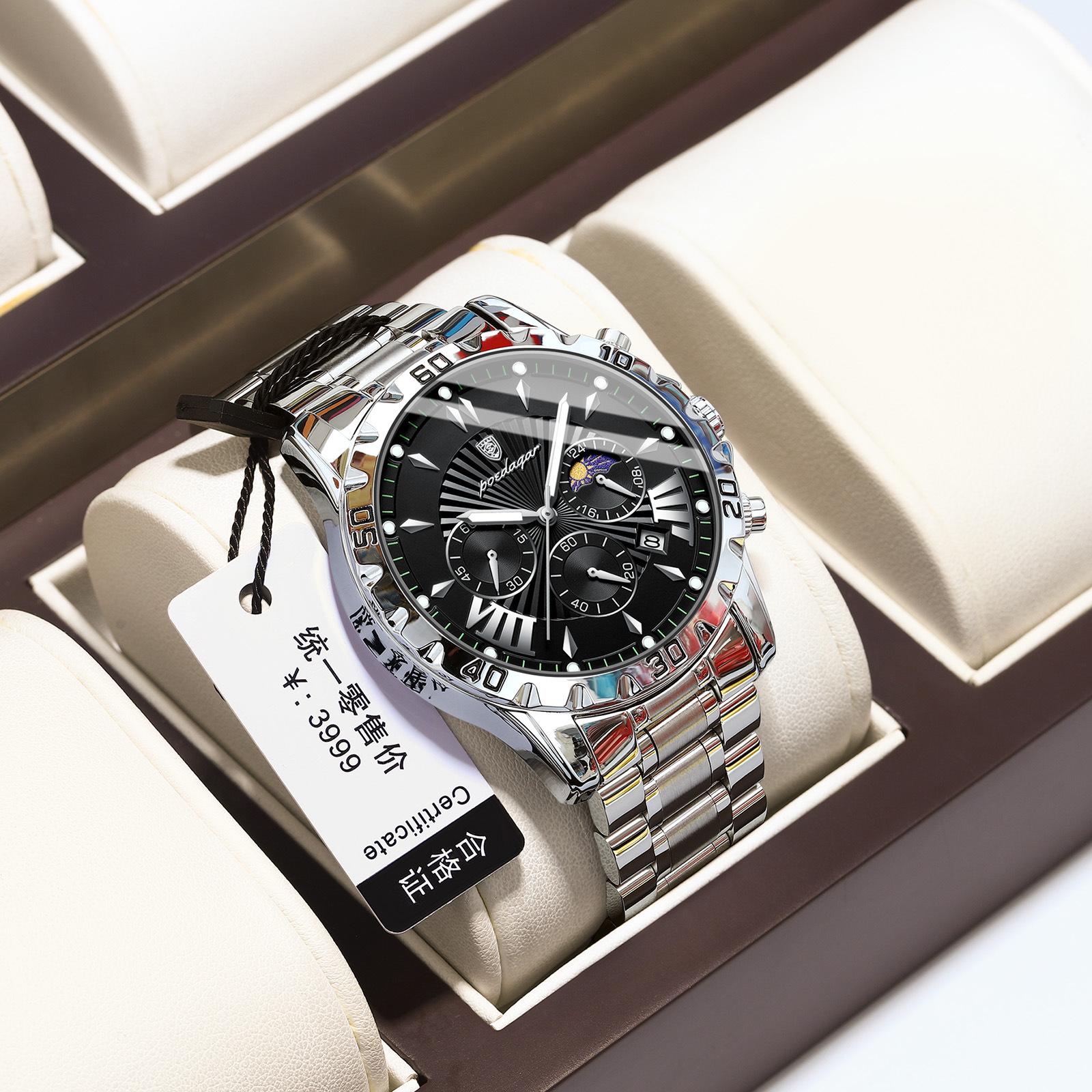 

POEDAGAR National Top Luxury Men s Watch Newest 2024 Swiss Brand Multifunctional Luminous Quartz Watch P968Silver shell with bla