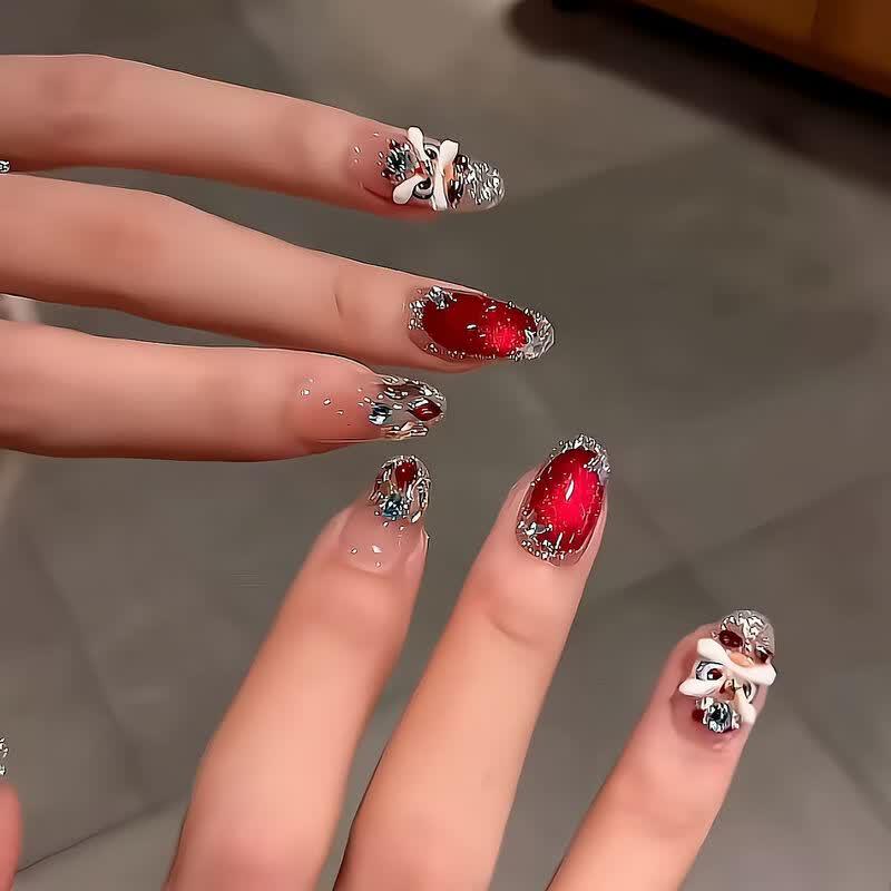 New Year Lion Dance 3D Embossed Press-On Nails