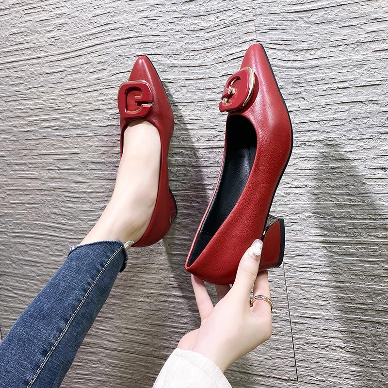 Pointed head shallow mouth single shoes women's new spring thick heel soft leather surface low heel square root letter square buckle fashion shoes