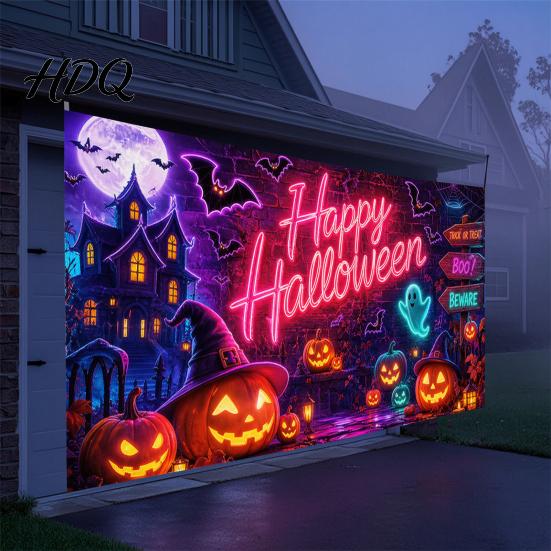 Large Spooky Holiday Banner Halloween Garage Door Banner Pumpkin Ghost Spider Web Patterns Yard Flag Polyester Festive Wall Sign for Party