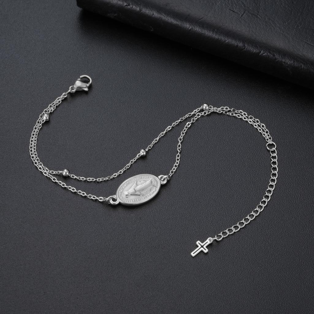 LIKGREAT Virgin Mary Bracelet Cross Pendant for Women Stainless Steel Religious Catholic Amulet Jewelry Gift Adjustable Chain