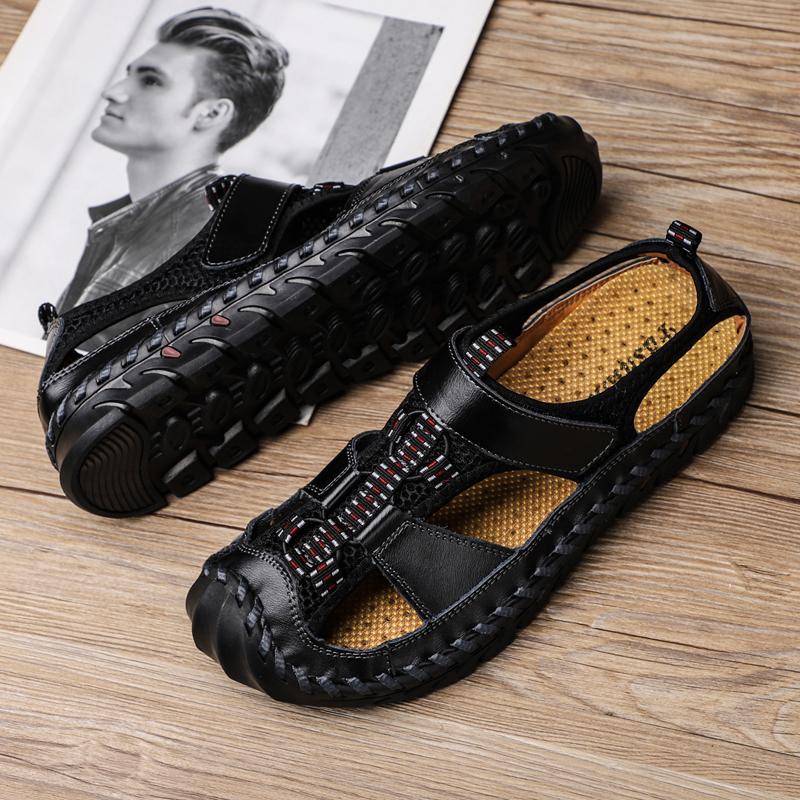 

Летние мужские сандалии из натуральной кожи, кожаные сандалии ручной работы, походная уличная пляжная обувь, модные и кожаные сандалии для отдыха 38 чёрный