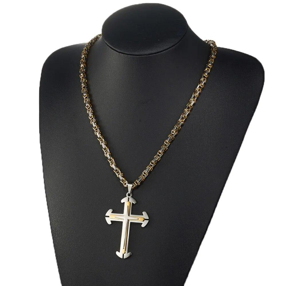 Christ Cross Pendant Necklace For Men Women Silver Gold Color Stainless Steel Byzantine Mens Chain Necklaces