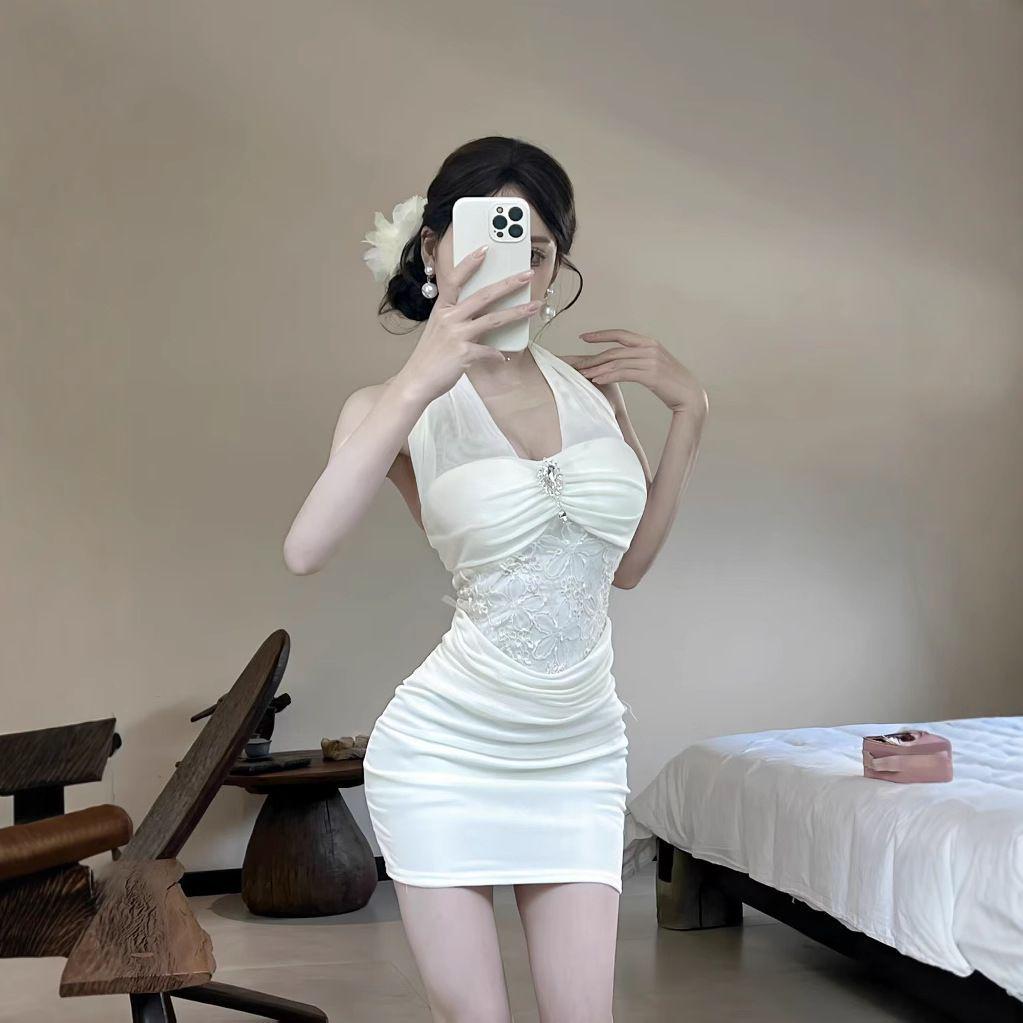 

Elegant French Lace Patchwork Open-Back Mesh Halterneck Bodycon Dress for Women Medium белый