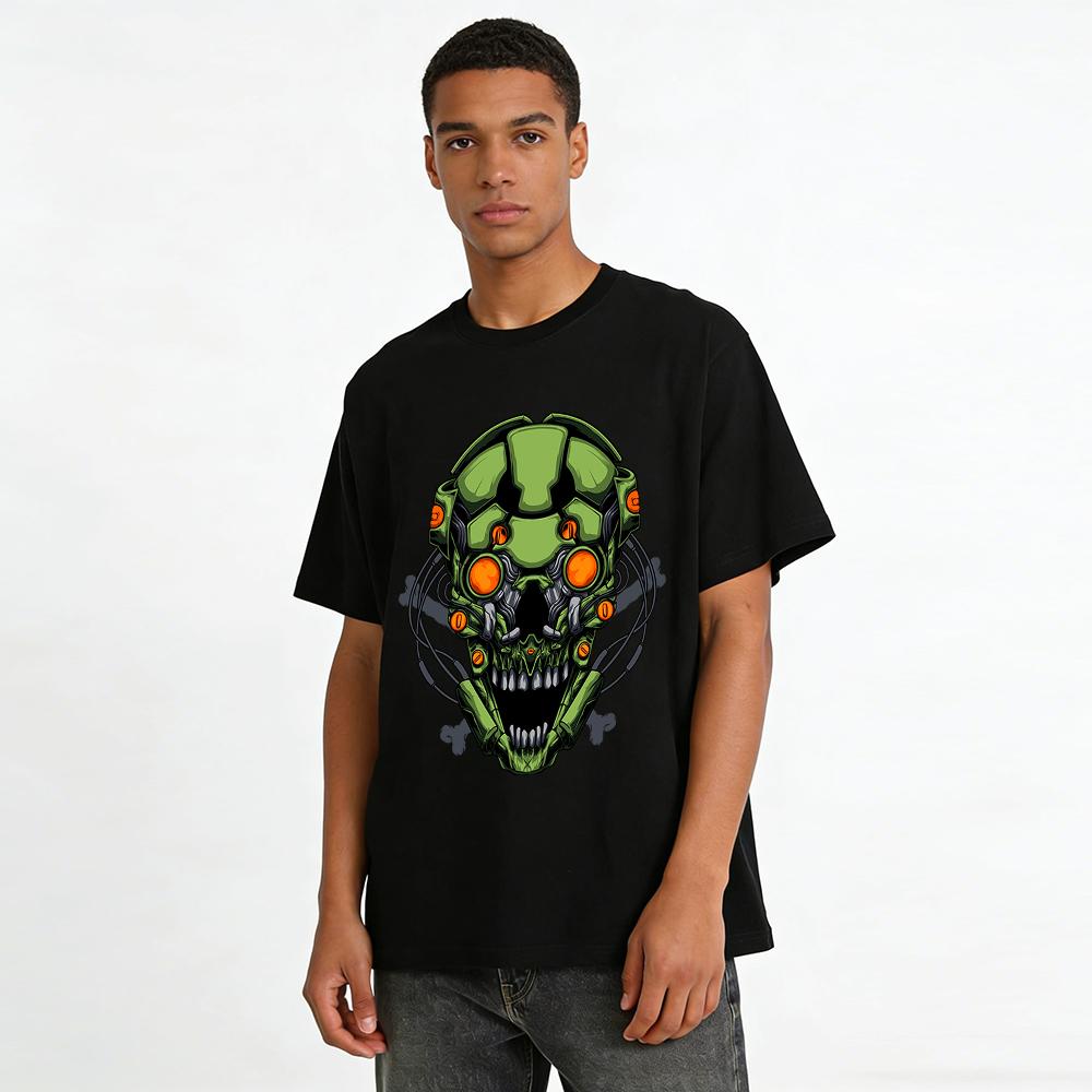 Cyberpunk Mech Skull Print Edgy Casual Men's Short Sleeve Tee Pure cotton T-shirt
