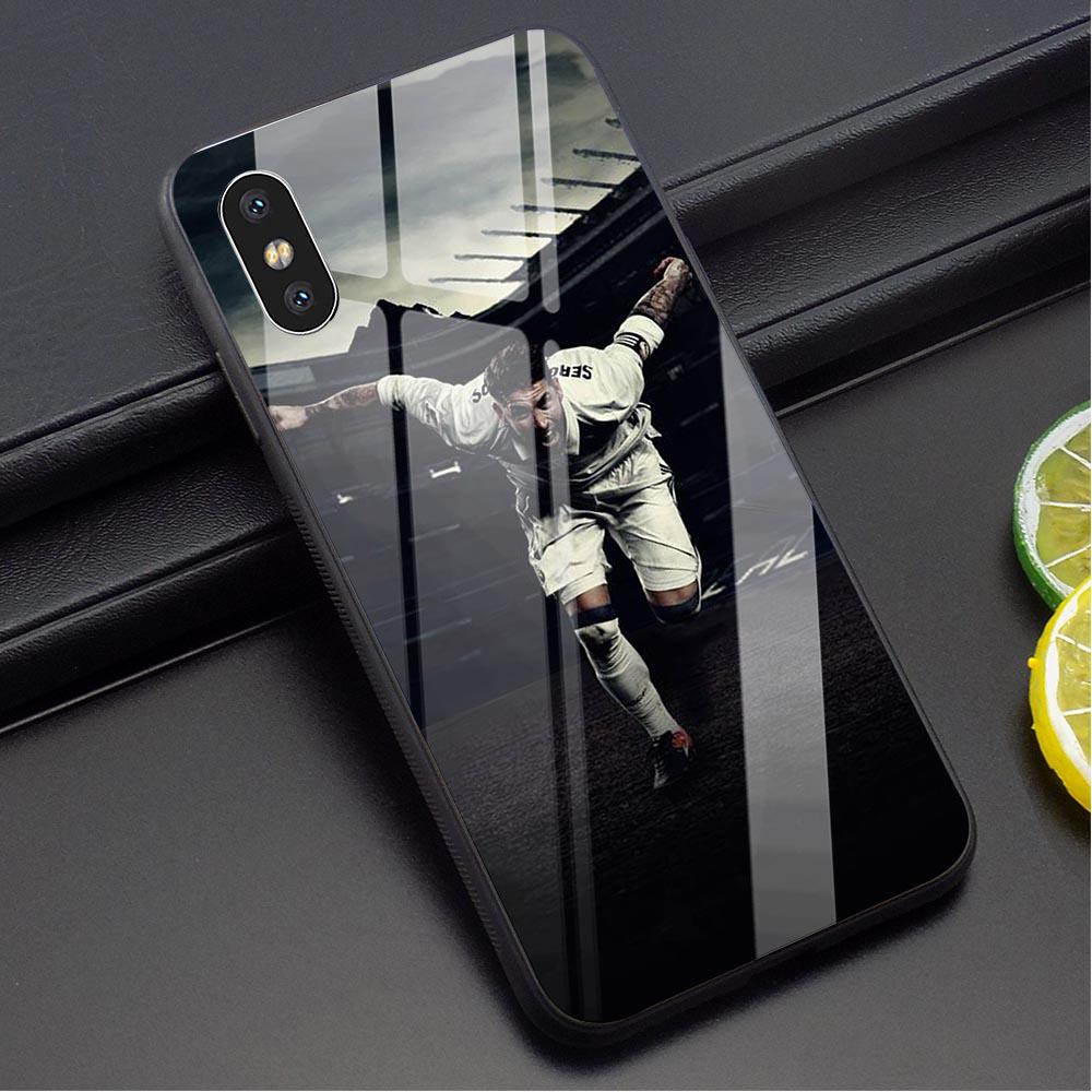 غطاء هاتف زجاجي سيرجيو راموس لهاتف سامسونج A5 آيفون هواوي هونر شاومي ريدمي نوت 5 برو