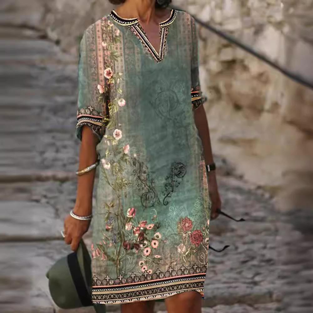 Ethnic Style Floral Print Vneck Dress With Loose Fit For Spring Summer Fashion