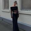 Sexy Off Shoulder Mesh See Through Long Sleeve Solid Bodycon Long Dress For Women