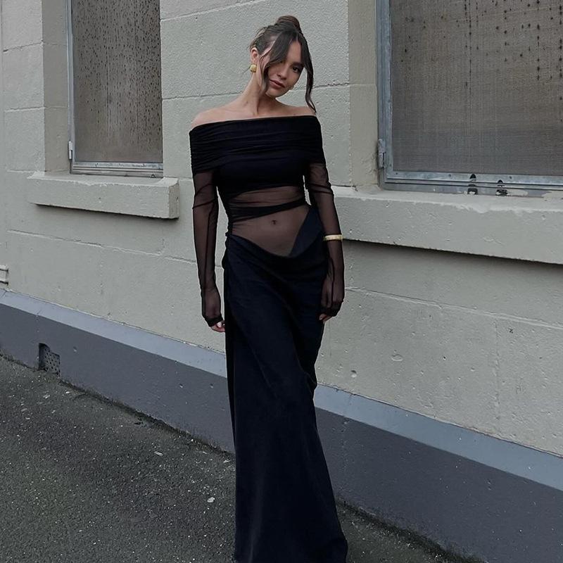 Sexy Off Shoulder Mesh See Through Long Sleeve Solid Bodycon Long Dress For Women