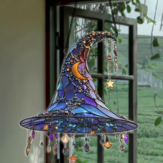 Halloween Witch Hat Hanging Decoration Stained Glass 2D Flat Acrylic Creepy Bat Skull Suncatcher Indoor Outdoor Wall Window Hanging Sign Ornament