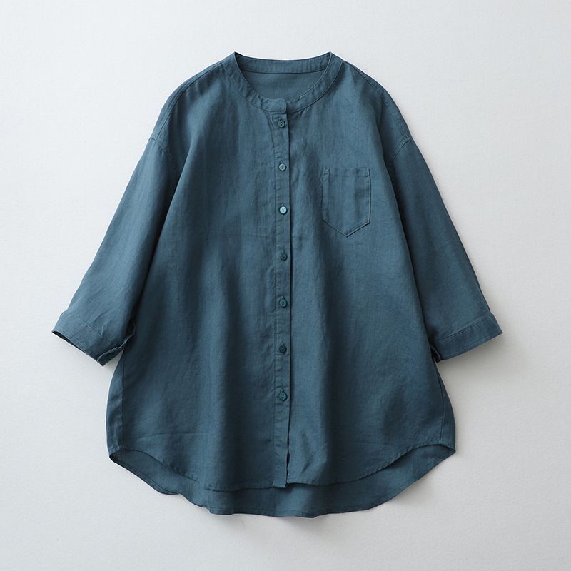 Japanese Cotton and Linen Shirt Women's Solid Color Versatile Casual Round Neck Seven Quarter Sleeved Shirt