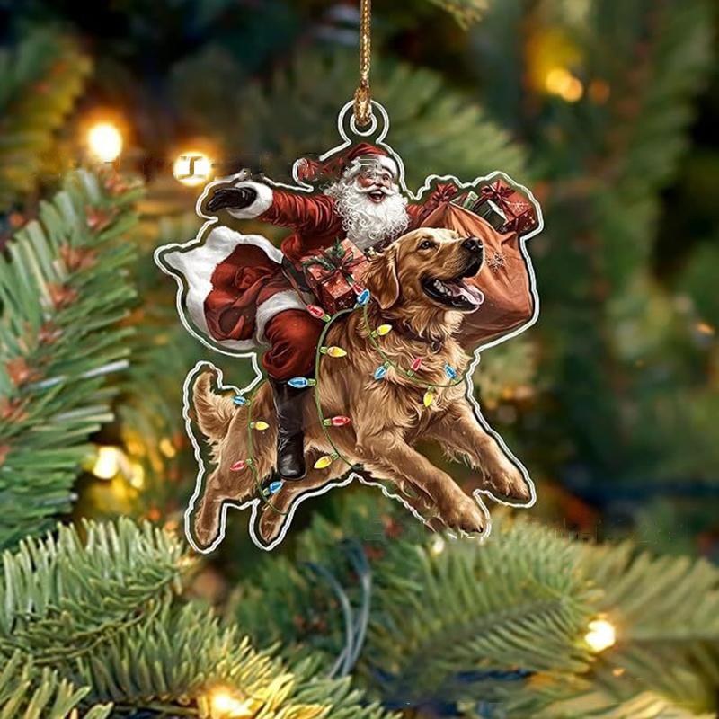 2026 Santa Claus And His Funny Dog Ornament 2D Flat Acrylic Pendant Christmas Decoration For Home Xmas Tree  Year Kerst