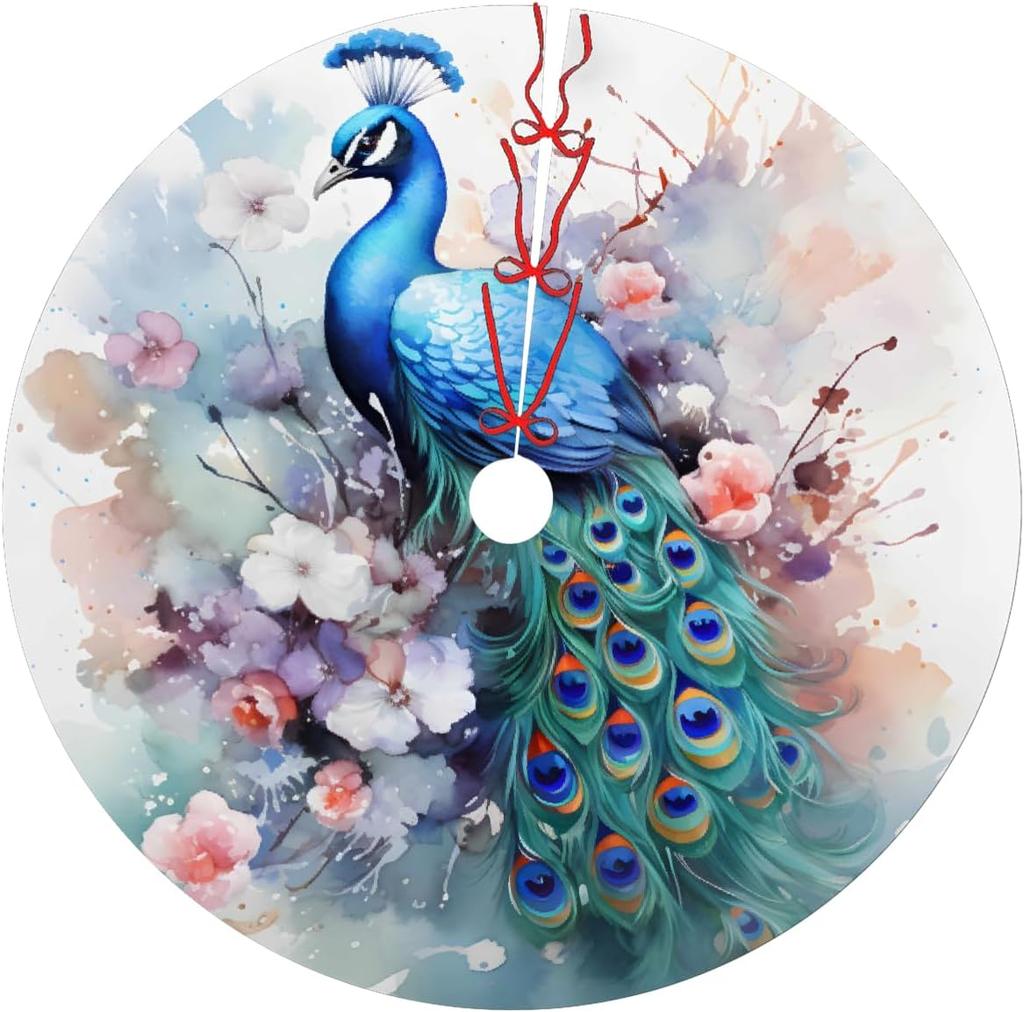 Waterocolor Peacock Flowers Christmas Tree Skirt 48 in