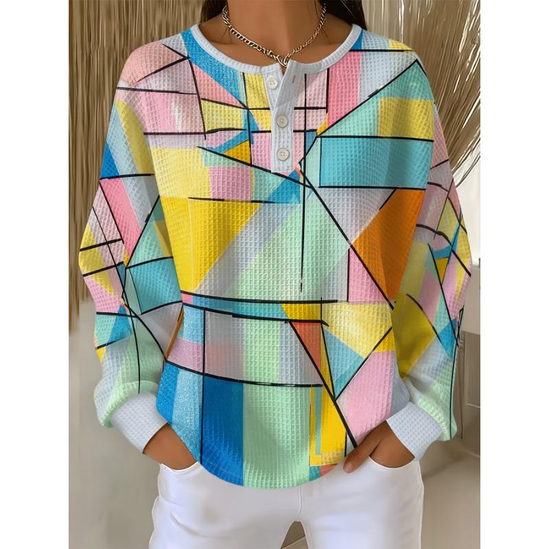 Women's Waffle Henley Button-Up Long Sleeve Top, Macaron Colored Geometric Line Print Casual T-Shirt