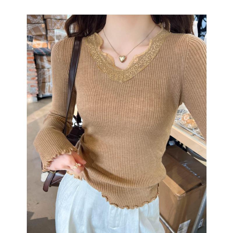 Fashion V Neck Lace Splice Knitted Bottoming Shirt Women's Elegant Casual New Slim Fitting Top Elegant Solid Color Sweet Long Sleeve Clothing