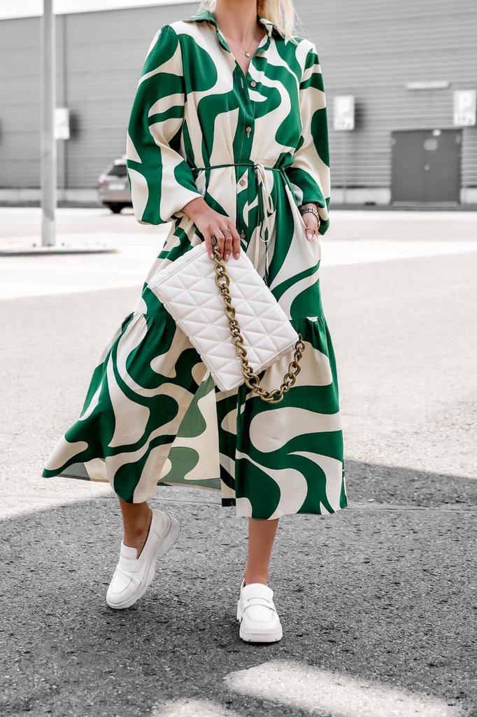 2023 European & American Style Printed Shirt Dress with Pockets - Casual Autumn Long Skirt with Tie