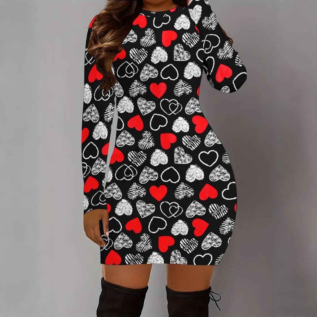 2025 Autumn and Winter New 3D Love Pattern Print and Dyeing Women's Fashion Long-sleeved Round Neck Hip-wrapped Dress Valentine's Day Limited